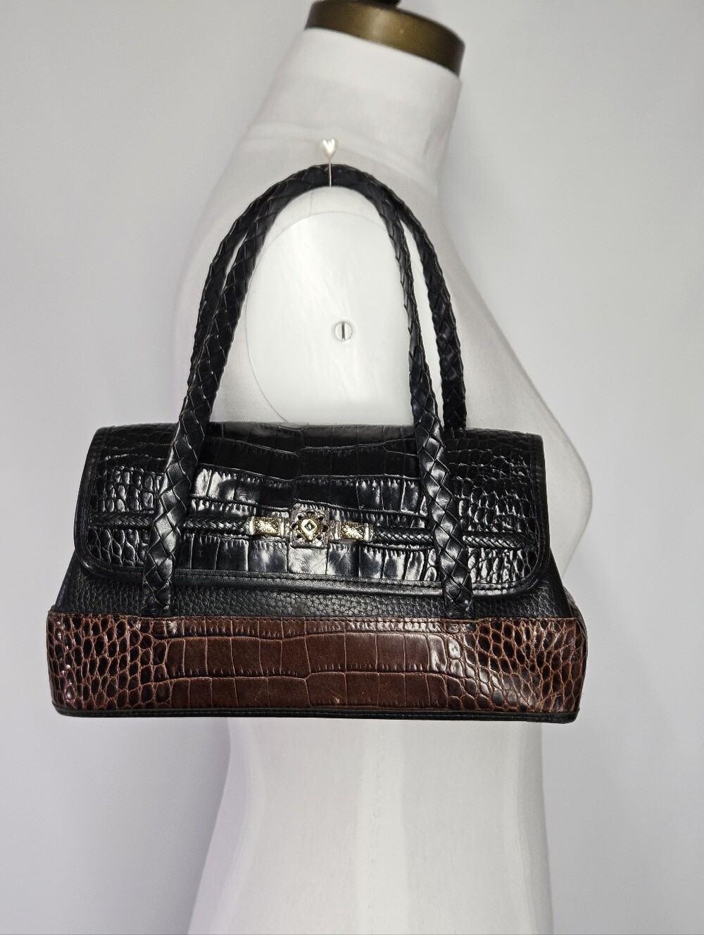 Brighton 10x6x3" Handbag Braid Leather Croc Embossed Black Vintage Silver Heart